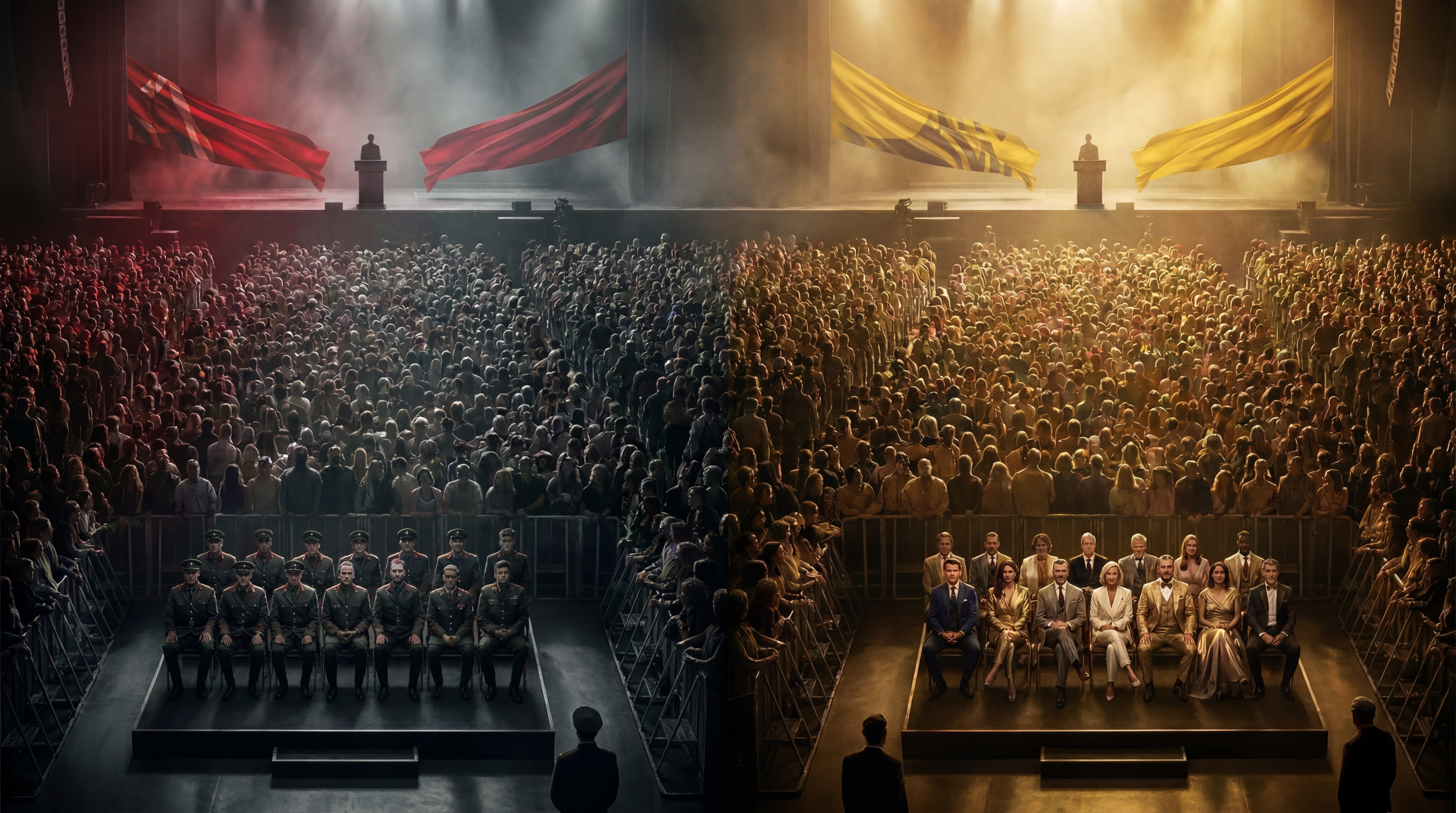 A two-system concert hall — a cold red regime on the left, a warm golden establishment on the right, the crowd seated below both.