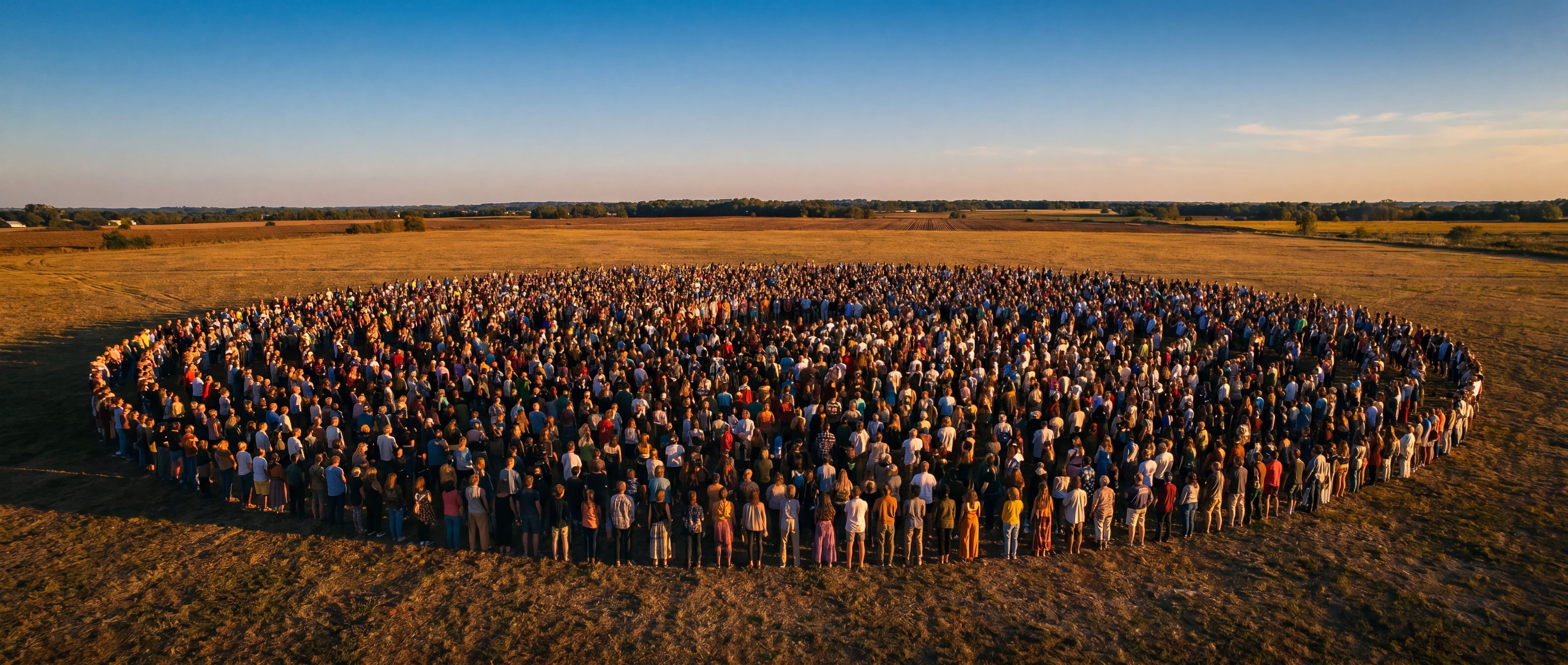 A vast gathering of people standing together in an open field at golden hour, forming a wide circular pattern